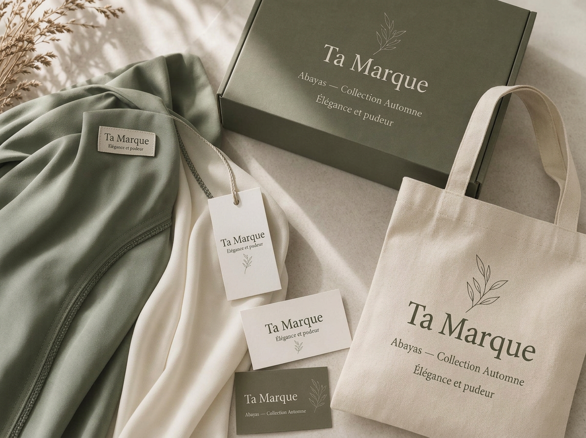 Identité de marque Deenar pour une collection d'abayas : packaging, étiquettes, cartes et tote bag